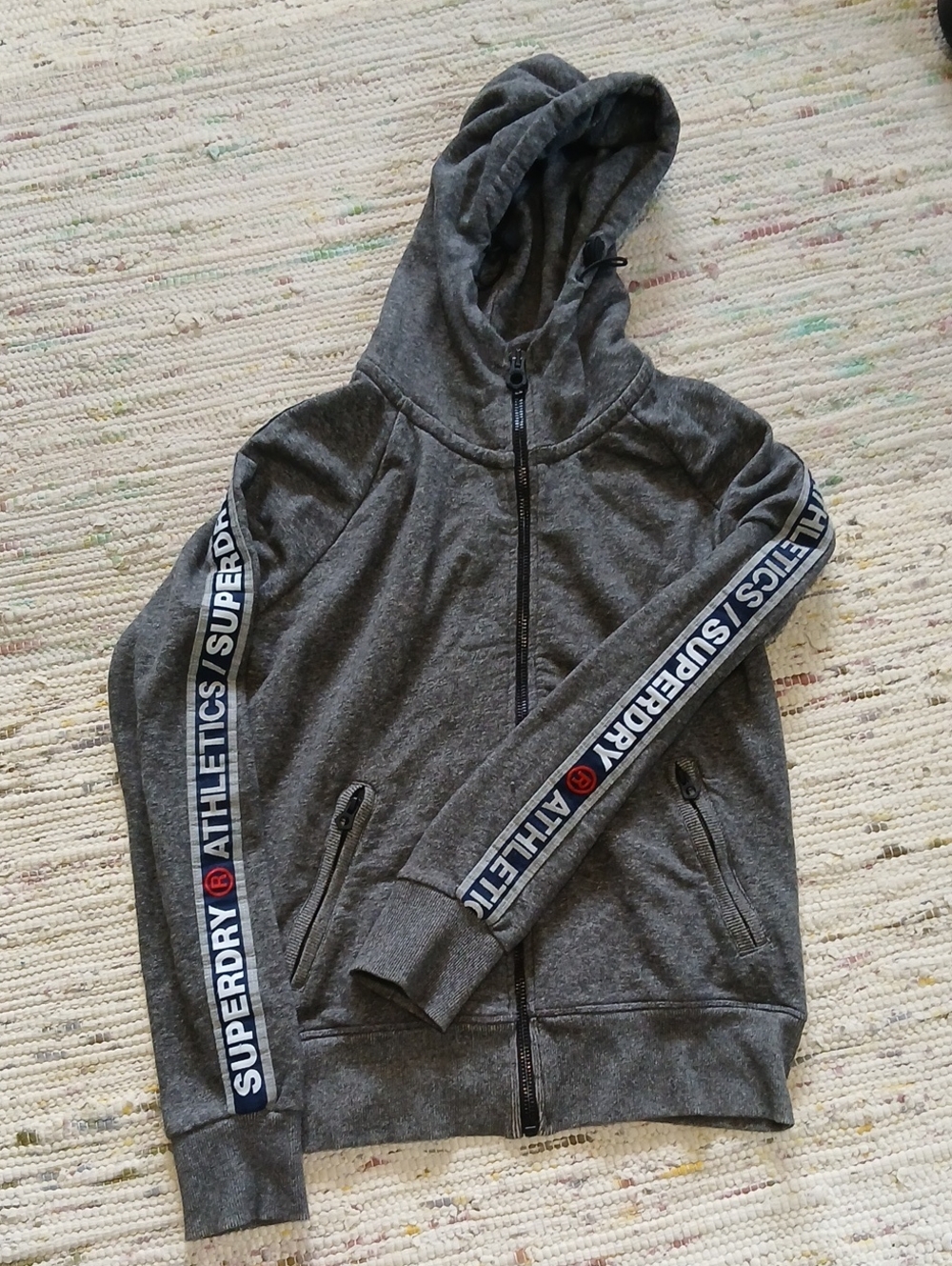 Superdry Men’s Gray Zip-Up Hoodie with Branded Sleeve Tape